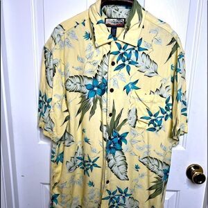 Havana Jacks Cafe Mens Size L Hawaiian Aloha Floral Yellow And Blue Rayon Shirt